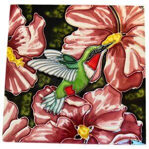 EN VOGUE Hand-Crafted 3D Hummingbird Art Tile Freestanding Hanging 8" Sq READ